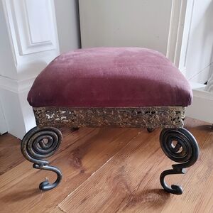 Decorative Velvet Upholstered Accent Stool with Ornate Metal Base